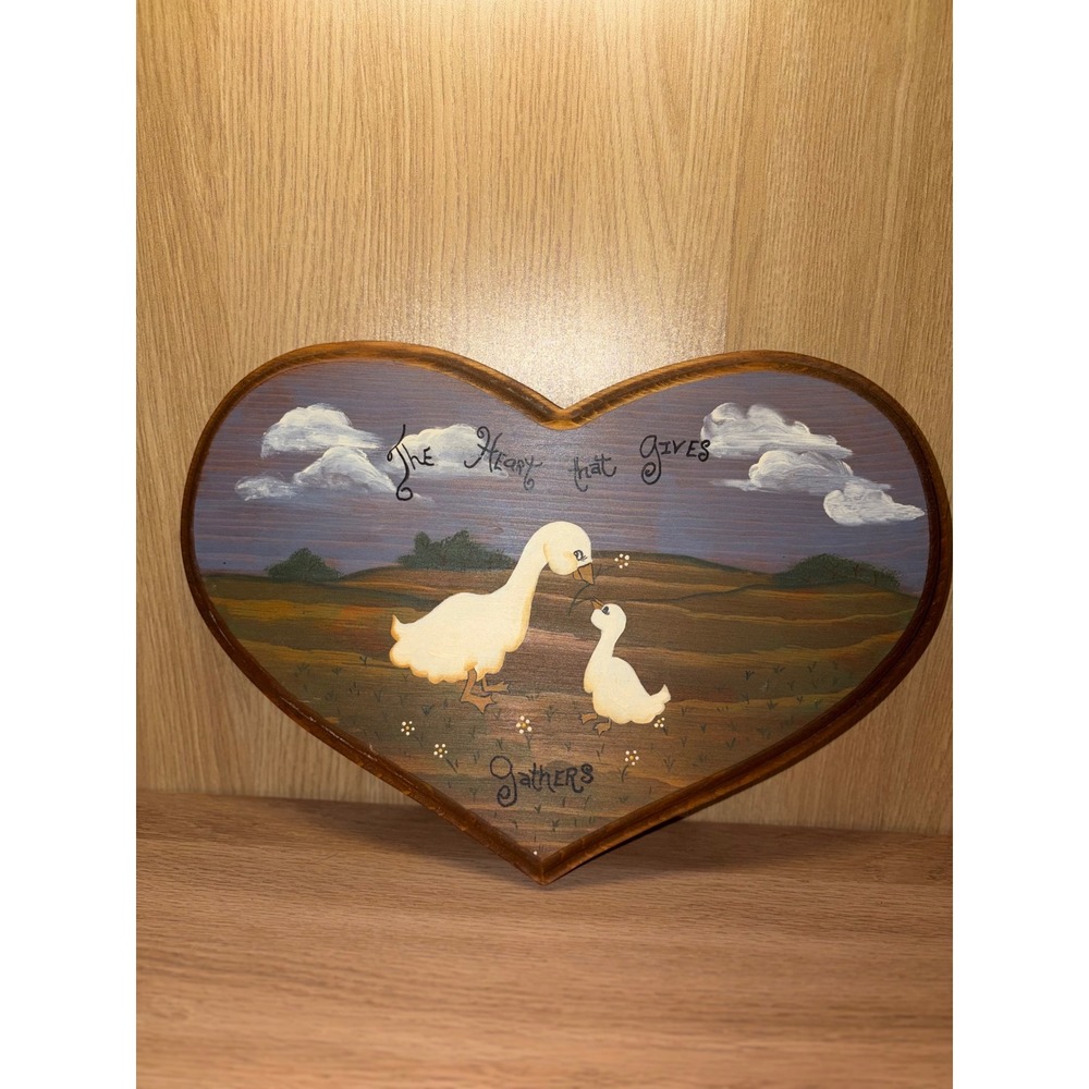 Vintage Hand Painted Wooden Heart Wall Plaque The Heart That Gives Gathers 1987
